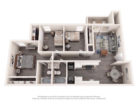 Floor plan for 3 beds, 2 baths, 1012 sqft